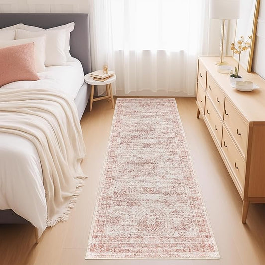 Rug Runners for Hallways Non Slip - 2x8 Runner Rug for Bedroom, Washable Runner with Rubber Backing, Soft Low-Pile Carpet for Kitchen, Laundry, Bathroom (2'x8', Pink/Ivory)