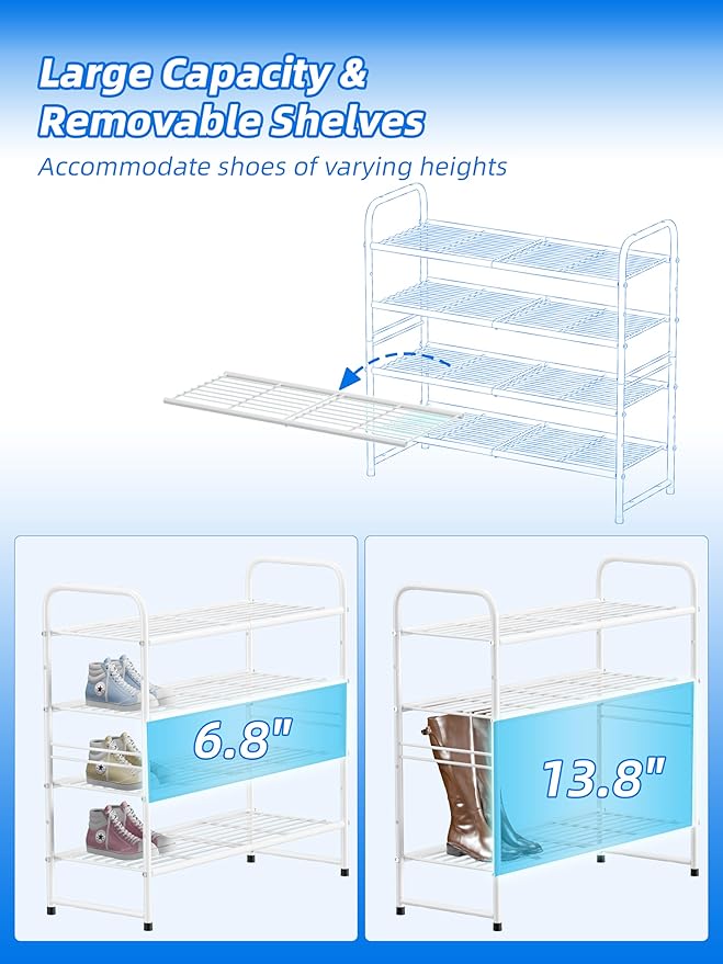 SUFAUY 33" Wide Shoe Rack, 4-Tier Shoe Storage Rack for 20-25 Pairs of Shoes, Shoe Organizer for Entryway, Stackable, Heavy Duty, Steel Frame, Industrial, White
