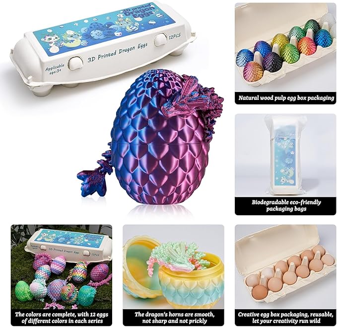 12PCS 3D Printed Dragon Eggs with Mini Dragons Inside β Sensory Fidget Toys for Adults & Kids, Eco-Friendly Egg Paper Packaging, Party Favors, Stress Relief Gifts (Series C)