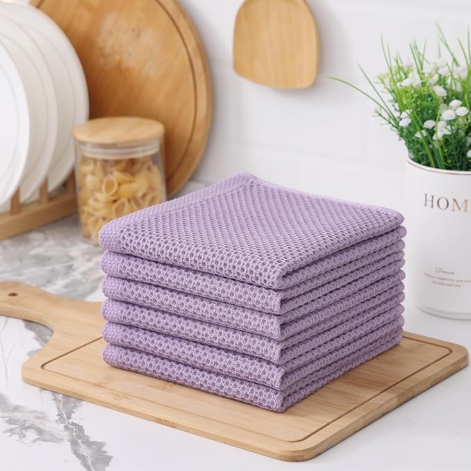 Kitinjoy 100% Cotton Kitchen Dish Cloths, 8 Pack Waffle Weave Ultra Soft Absorbent Dish Towels for Drying Dishes Quick Drying Kitchen Towels Dish Rags, 12 X 12 Inches, Lavender