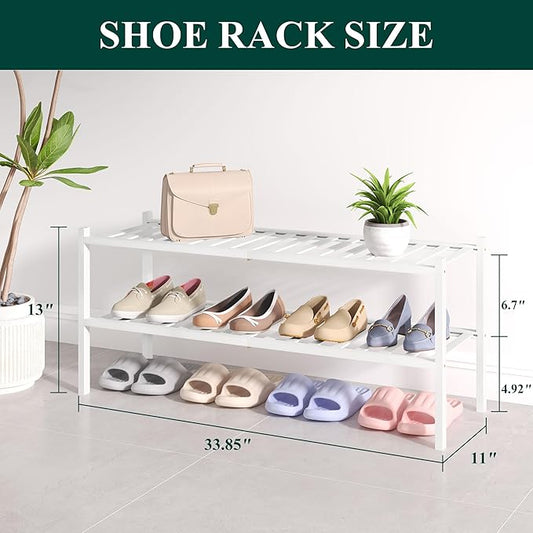 Smiry Bamboo Shoe Rack for Closet, 2 Tier Long Wooden Stackable Shoe Organizer, Free Standing Shoes Storage Shelf for Entryway, Front Door Entrance, White