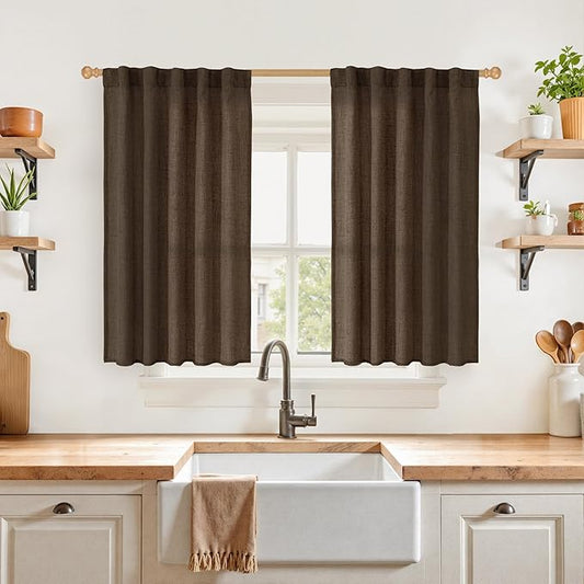 YoungsTex Short Linen Curtains 54 Inch Length 2 Panels, Brown Light Filtering Drapes with Rod Pocket Back Tab for Living Room Bedroom Window, 2 Panels, 42 X 54 Inch