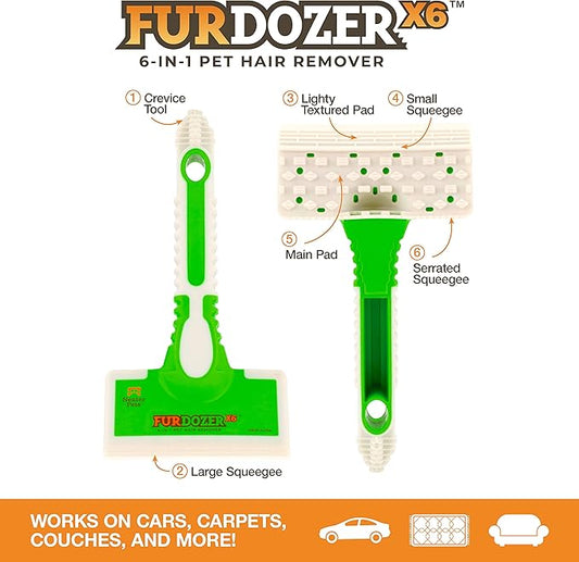 FurDozer Pet Hair Remover & Auto Detailing Tools - Cat & Dog Hair Remover for Carpets, Car Interiors, Couches, Bedding, & Pet Furniture (Green, X6)