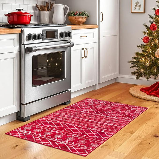KUTA Christmas Rugs for Entryway, 2x3 Entrance Small Area Rug Red Non-Slip Washable, Ultra Soft Vintage Geometric Low-Pile Indoor Door Mat Floor Carpet for Kitchen