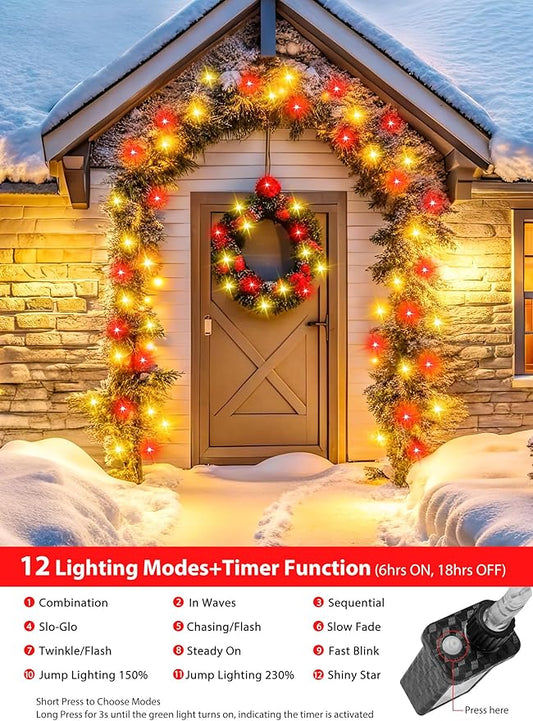 Minetom Christmas Lights Outdoor Cluster Lights - 200 LED 10 Ft Christmas Firecrackers String Lights, 12 Modes Timer Waterproof Connetable Plug in Twinkle Fairy Lights for Xmas Tree, Red&Warm White