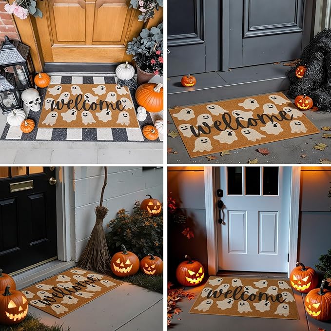 Halloween Door Mat Spooky Ghost Welcome Mat for Front Door Outdoor Entrance Doormat Coir Dirt Trapper with Non Slip Backing, 17x30, Welcome Ghost