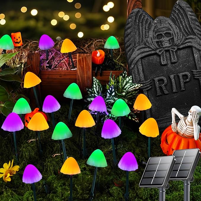 2PK 55FT 32LED Orange and Green Solar Mushroom Lights Outdoor, Solar String Light with 8 Lighting Modes Auto On/Off, Halloween Garden Lights for Witch Decorations