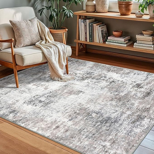 Modern Abstract Small Area Rug Indoor 3x5 Washable Rug Non-Slip Soft Beige Grey Neutral Entryway Rug Kitchen Mats Thin Print Faux Wool Floor Carpet Throw Rugs for Entrance Bedroom Home Decor