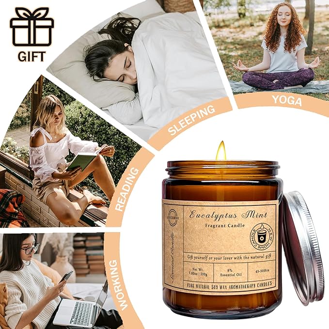 Scented Candles, 7oz Eucalyptus Mint Candles for Home Scented, Soy Wax Aromatherapy Candle for Relaxing and Stress Relief, Non Toxic, Long Burning, Christmas, Birthday, Valentine Gifts for Women Men