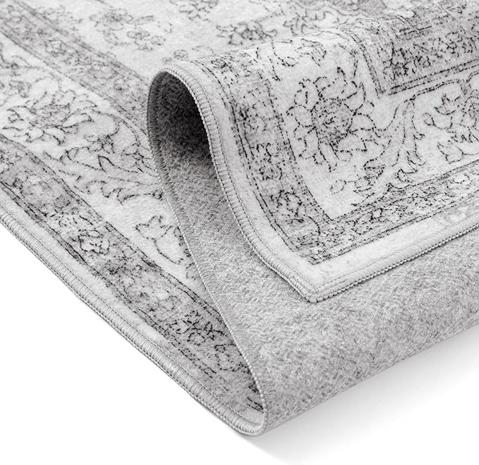 Grey Gray Area Rug 5x7 Washable Vintage Carpet for Living Room Office Soft Retro Low Pile Thin Indoor Rug Non Slip Oriental Medallion Floor Cover for Bedroom Dining Room