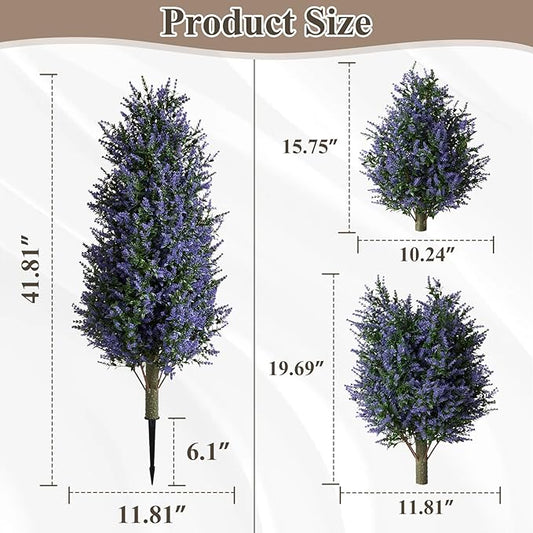 Christmas Artificial Lavender Cone Topiary Trees with Spike, 2 Pack UV Resistant & Anti Lodging Artificial Shrubs, 3FT Fake Evergreen Artificial Plant Brush for Indoor Outdoor Front Porch Garde