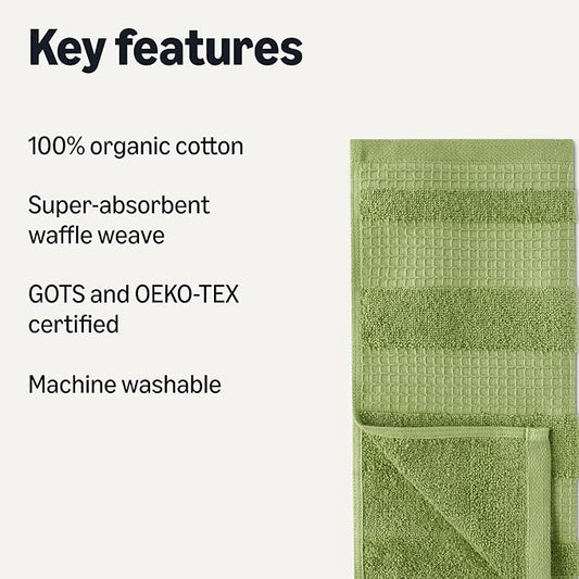 Amazon Basics Organic Cotton Waffle Kitchen Dish Cloths - Ultra Absorbent, Quick Drying, Lint-Free, 12 x 12 inches, 6-Pack (2 Brown, 2 Green, 2 Navy)