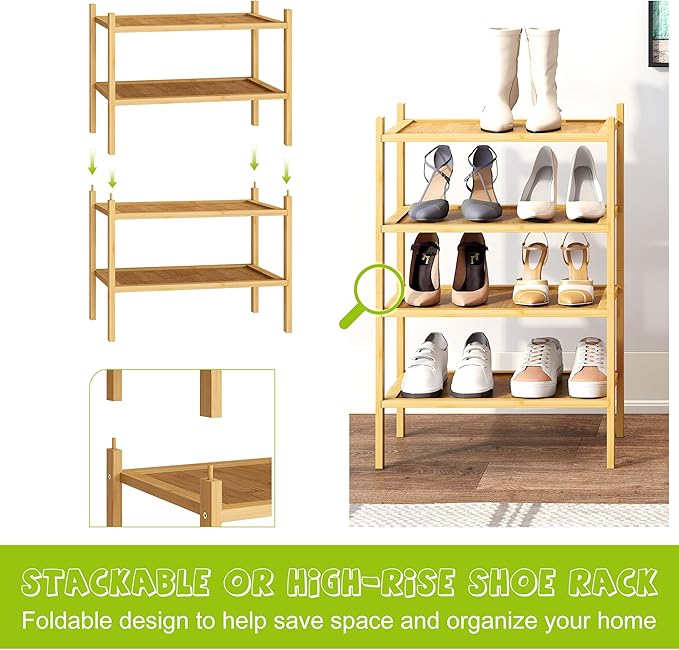 BMOSU 4-Tier Bamboo Small Shoe Rack Premium Stackable Shoe Shelf Storage Organizer for Hallway Closet Living Room Entryway Organizer(Natural)