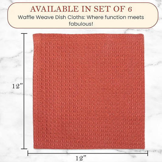Vintage Vista 100% Cotton Waffle Dish Cloths (Pack of 6) - Dish Rags for Washing Dishes - Reusable & Highly Absorbent Kitchen Towels - Kitchen Rags for Christmas - (12" x 12" - Light Brown)