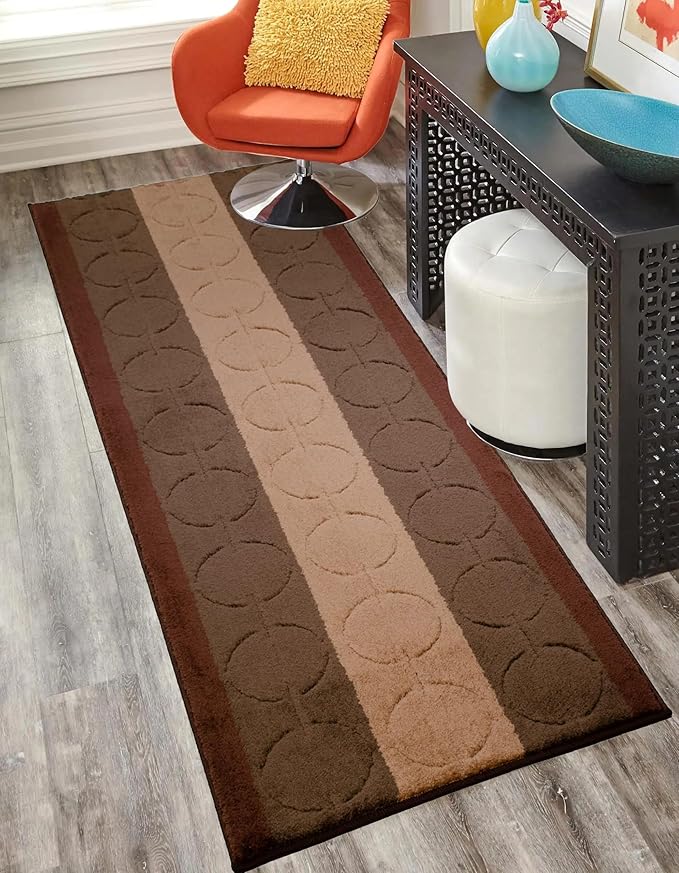 Washable Custom Size Runner Rug Circles Abstract Design Extra Long Runner Rugs for Hallways 26 Inch Wide x Pick Your Size by Feet Slip Skid Resistant Rubber Back (Circle Brown, 2 ft x 26 in)
