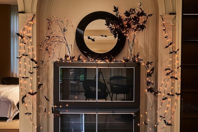 Birchlitland Halloween Black Maple Garland with Lights Timer 48 LED Orange and Warm White Fairy Lights, Battery Operated for Indoor and Outdoor Halloween Party Decoration
