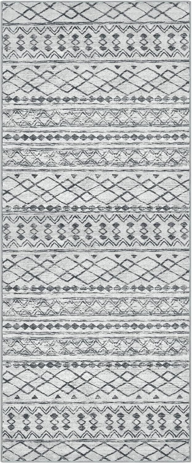 KUTA Moroccan Washable Runner Rug 2.6x8, Non-Slip Vintage Grey Boho Hallway Runners Kitchen Rugs Ultra Soft Print Distressed Geometric Floor Carpet for Bedroom Laundry Living Room