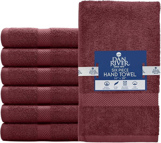 DAN RIVER 6-Pack Premium Hand Towels (16x28 Inches) - 100% Cotton, Ultra Soft, Lightweight, Highly Absorbent Towels for Bathroom, Spa, Gym, Salon, Hotel, and Travel - 550 GSM – Pomegranate