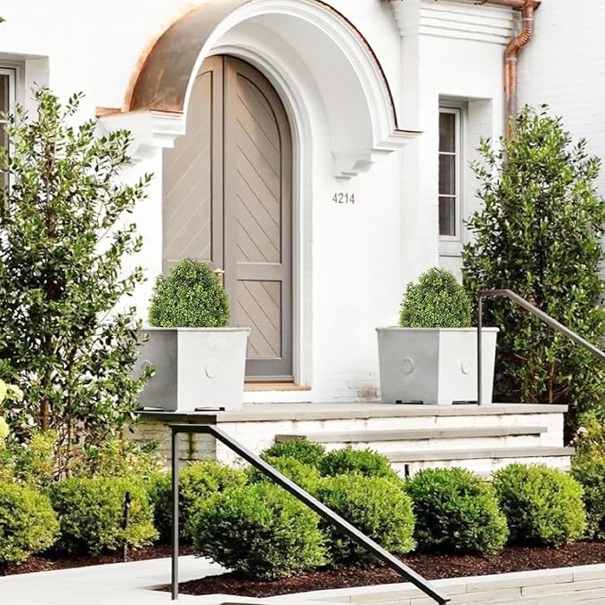 THE BLOOM TIMES 2ft Faux Boxwood Plants Outdoor Set of 2, 24" Tall UV-Resistant Artificial Evergreen Topiary Ball, Fake Potted Greenery Bushes & Shrubs for Front Porch Planter, Patio Outside Decor