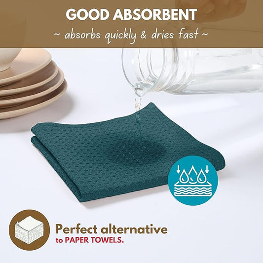 Native Fab Cotton Kitchen Towel with Hanging Loop 16x26 inches, 6-Pack, Waffle Weave Kitchen Towels for Cleaning Drying, Washcloths Soft & Absorbent Cloth Rags, Bar Towel, Dish Cloth, Teal Green