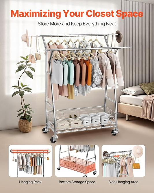VEVOR Clothes Rack, Rolling Clothing Garment Rack, Extendable Carbon Steel Clothing Racks with Wheels for Bedroom, Laundry, Living Room