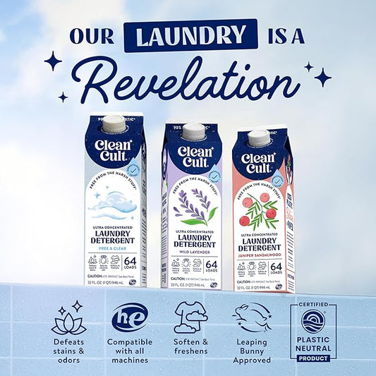 Ultra Concentrated Liquid Laundry Detergent Soap, 64 loads (32 oz), Long Lasting Scent, 90% Less Plastic, No Harsh Chemicals, Juniper Sandalwood, Defeats Stains & Odors, HE/Standard Compatible