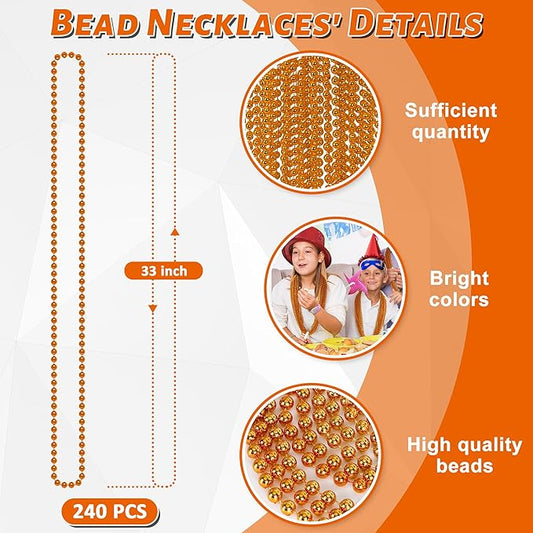 240PCS Orange Beads, Mardi Gras Bead Necklaces Party Favors, 33" Round Beads Halloween Necklaces Bulk, Festival Parade Throw Accessories for Mardi Gras Halloween Wedding Celebrations Decorations