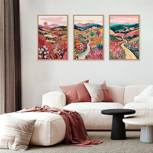 HLNIUC Boho Colorful Wall Art, Floral Mountain Framed Decor(16"x24"), Abstract Wildflower Nature 3 Piece Canvas Painting, Botanical Sunset Forest Art Print for Living Room, Bedroom, Office