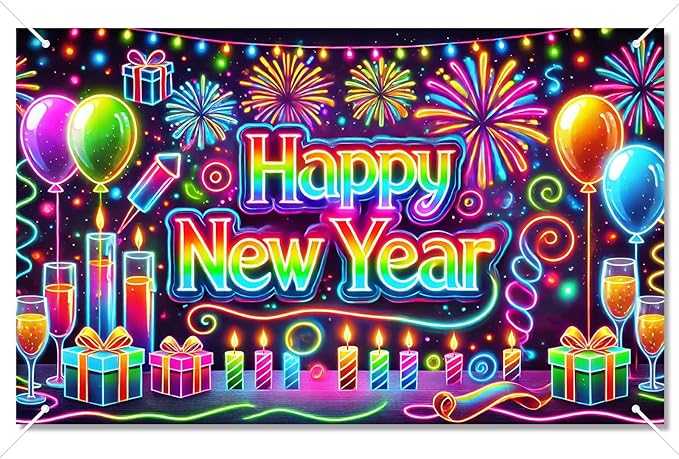 Happy New Year Backdrop 71x43 Inch Neon Style Party Banner Colorful Fireworks Balloons Candles Gift Box Design Large New Year Eve Photo Booth Background Wall Decor