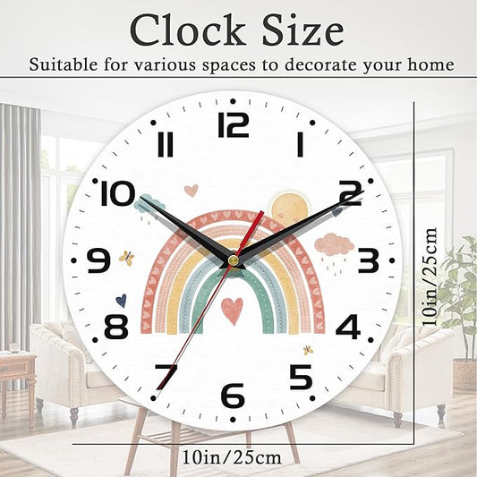 Wall Clock, 10 Inch Silent Non-Ticking Home Kitchen Decor, Battery Operated for Bathroom Bedroom Living Room Office(Boho Rainbow)