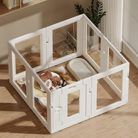 Clear Acrylic Dog Playpen Indoor, Puppy Cat Small Pet Play Pen, Easy Assemble & Disassemble Sturdy Plastic Dog Fence with Heavy Duty Door Lock (24In H, 8PCS), White