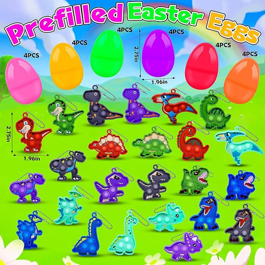 24 Pack Prefilled Easter Eggs with Dinosaur Fidget Toys, Easter Eggs Filled for Egg Hunt, Kids Basket Stuffers, Easter Party Favors
