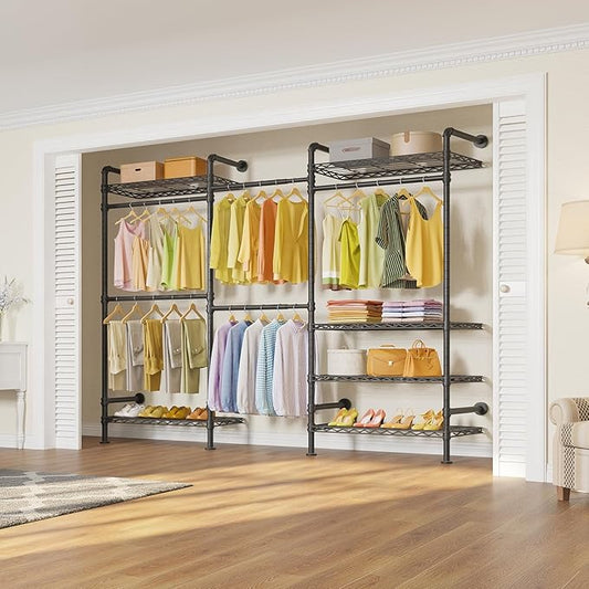 Timate F3 Garment Rack Heavy Duty Clothes Rack for Hanging Clothes, Expandable Industrial Pipe Wall Mounted Clothing Racks, Adjustable Storage Wardrobe Closet Kit Walk in Closet Systems, Black