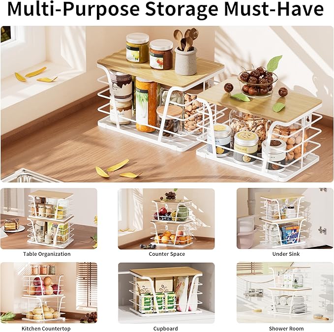 2 Pack Kitchen Organization for Onions,Potatoes - Fruit Basket for Kitchen Counter & Storage Basket,Stackable Kitchen Countertop Organizer for Fruits with Bamboo Top & Lightweight PP Mat,White