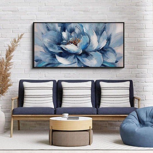 XLSJERST Flower Canvas Wall Art for Living Room - Large White Blue Flower Picture Print Painting Wall Decor Framed Artwork Ready to Hang for Home Bedroom Wall Decoration Size 20x40