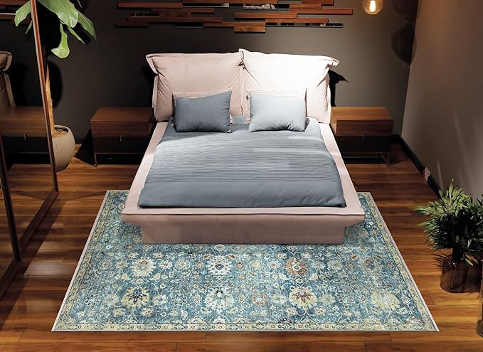 Bloom Rugs Washable Non-Slip 2x3 Rug - Blue/Beige Traditional Oriental Area Rug for Living Room, Bedroom, Dining Room, and Kitchen - Exact Size: 2' x 3'