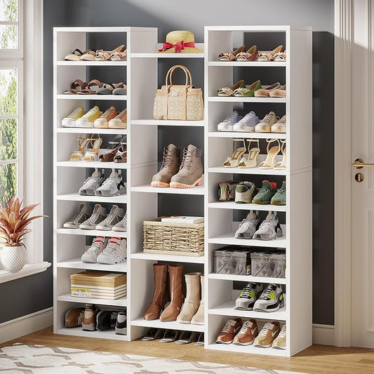 Little Tree 14-Tier Shoe Rack, Freestanding Tall Shoe Shelf, White Wooden Shoe Storage Cabinet with 22 Open Cubbies, 46 Pairs Wide Entryway Shoe Organizer Shoe Cabinet for Living Room, Bedroom
