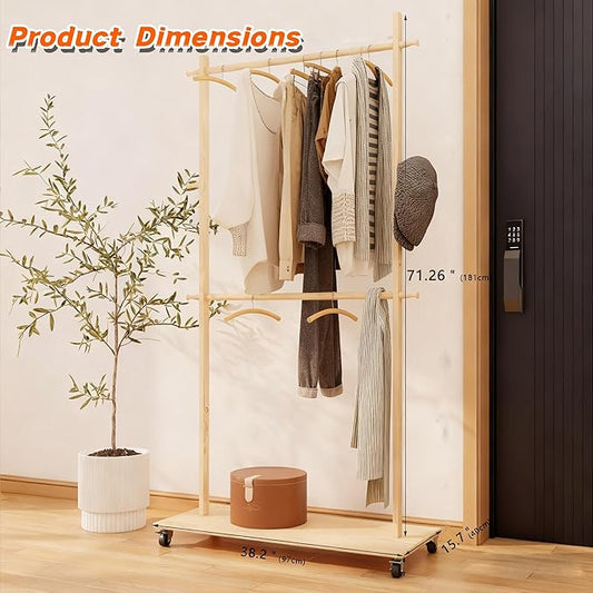 Solid Wood Coat Rack with 6 Hangers & Wheels, Freestanding Garment Rack with Shelf & 4 Hooks for Hanging Clothes, Heavy Duty Coat Stand for Hallway, Bedroom