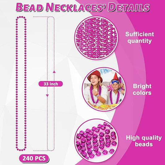 240PCS Mardi Gras Beads, Metallic Breast Cancer Awareness Bead Necklace, 33" Hot Pink Mardi Gras Necklace Stuff, Festival Parade Throw Accessories for Wedding Birthday Celebrations Decor