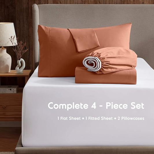 Nestl Short Queen Sheet Set - 1800 Ultra-Soft Microfiber - Double Brushed - Deep Pockets - Easy Fit - 4 Piece Set - Bed Sheets (Short Queen, Rust)
