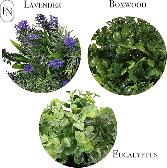 3 PACK 10" H Artificial Plant Greenery Pot (9" W Potted Greenery: Fake Faux Lavender Eucalyptus Boxwood) for Home Decoration Shop Decor Office Desk Dining Table Kitchen Washroom Garden Party Wedding