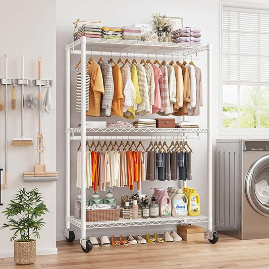 Raybee Heavy Duty Clothes Rack, 81" H Clothing Racks for Hanging Clothes, Clothing Rack with Wheels and Adjustable Feet, Max Load 440LBS, White