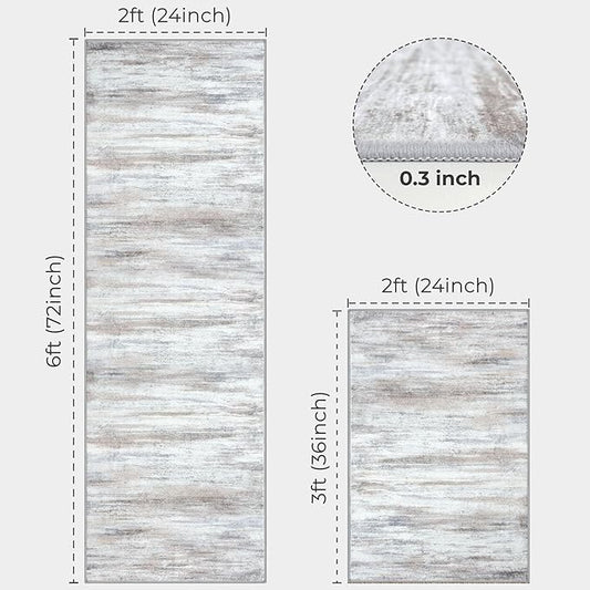 KOZYFLY Modern Abstract 2PCS 2x3 and 2x6 Rugs Beige Machine Washable Area Rug for Bedroom Non-Slip Living Room Rug, Faux Wool Soft Low Pile Office Carpet for Dining Room, Bedroom, Kitchen Bathroom