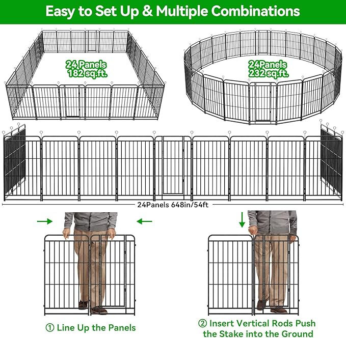 Dog Playpen Outdoor 24 Piece Panels Heavy Duty Dog Fence 47" Height with Thick Pipe Anti-Rust with Doors Portable for RV Camping Yard, Total 54FT, 227 Sq.ft, Snowy Black