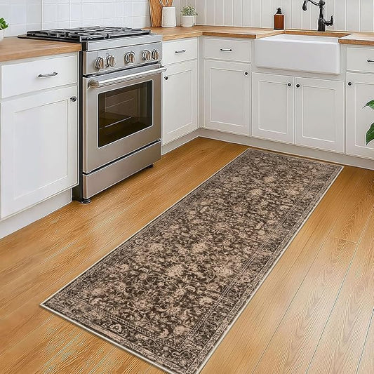 KILOCOCO Hallway Runner 2x5 Kitchen Runner Rug Printed Vintage Floral Washable Non-Slip Runners for Hallways Laundry Room Rugs Distressed Boho Rug Runners for Bedroom, Rust Red