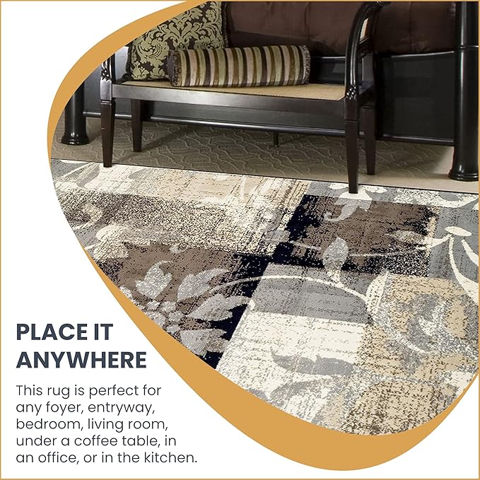 Superior Indoor Area Runner, Jute Backed, Perfect for Hallway, Entryway, Office, Living/ Dining Room, Bedroom, Kitchen, Floor, Modern Floral Decor, Pastiche Collection, 2' 7" x 8', Beige