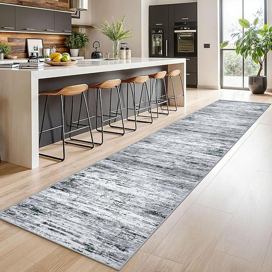 Modern Abstract Runner Rug 2.6x14, Black Grey White Washable Long Kitchen Runner Non-Slip Soft Hallway Rug Runner Thin Print Faux Wool Carpet for Entryway Bedroom Laundry Room Indoor Home Decor