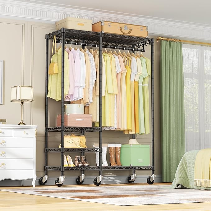 Ulif F4R Heavy Duty Clothes Rack(With Lockable Wheels ) Rolling Clothing Racks for Hanging Clothes,Adjustable Closet Organizer System,Portable Garment Rack 45"W x 15.8"D x 73.5"H,Max Load 650LBS,Black