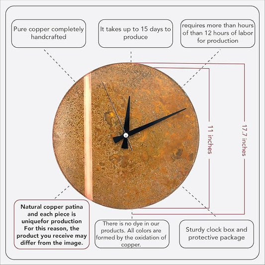 Handmade Copper Wall Clock Artisan Touch in Every Piece - Tree of Time Wall Decor Copper Clock for Living Room, Office, Kitchen & Bedroom (Rusty Line, 11)