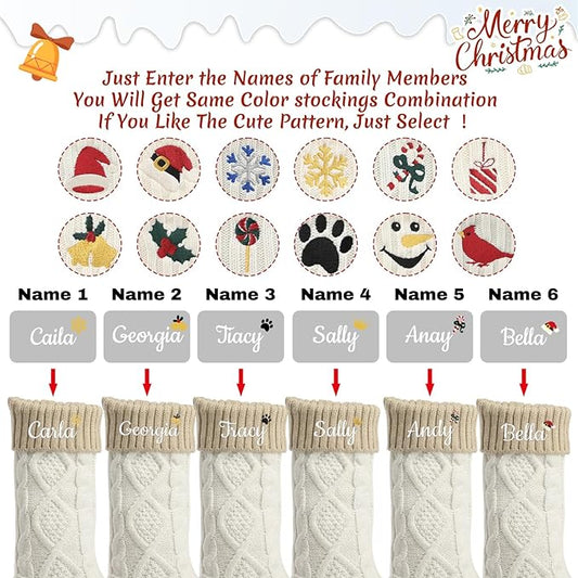 Personalized Christmas Stockings,Custom Embroidered Name+Logo Xmas Knitted Stockings 18'',Holiday and Family Stocking for Fireplace Christmas Holiday Party Decoration 1-6Pack(White Flax)